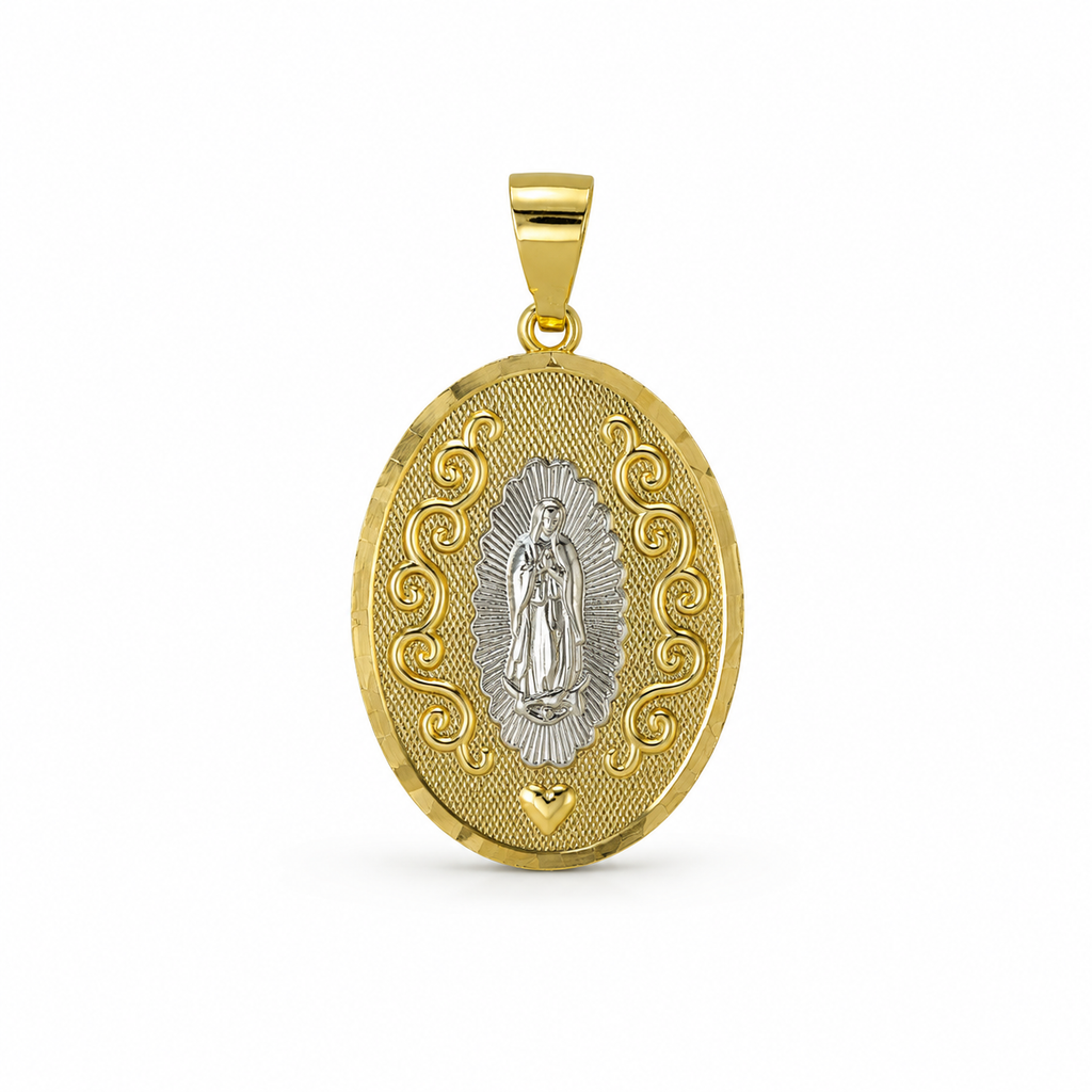 Oval Jesus & Virgin of Guadalupe Medallion in Gold with Rhodium Details