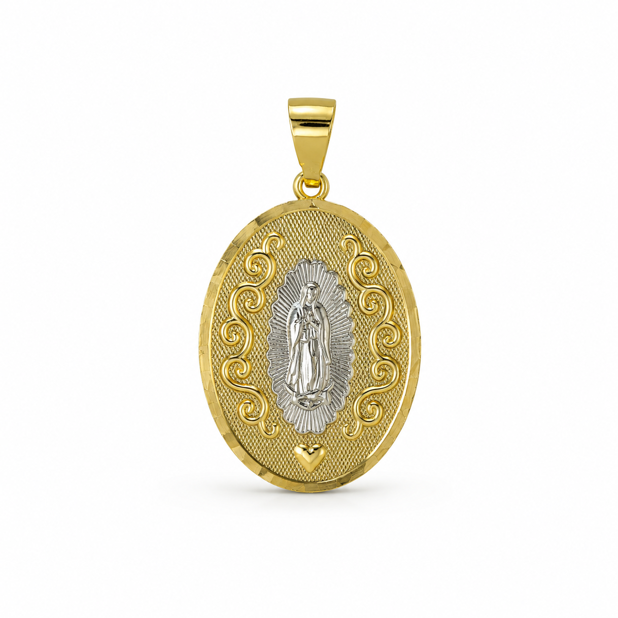 Oval Jesus & Virgin of Guadalupe Medallion in Gold with Rhodium Details