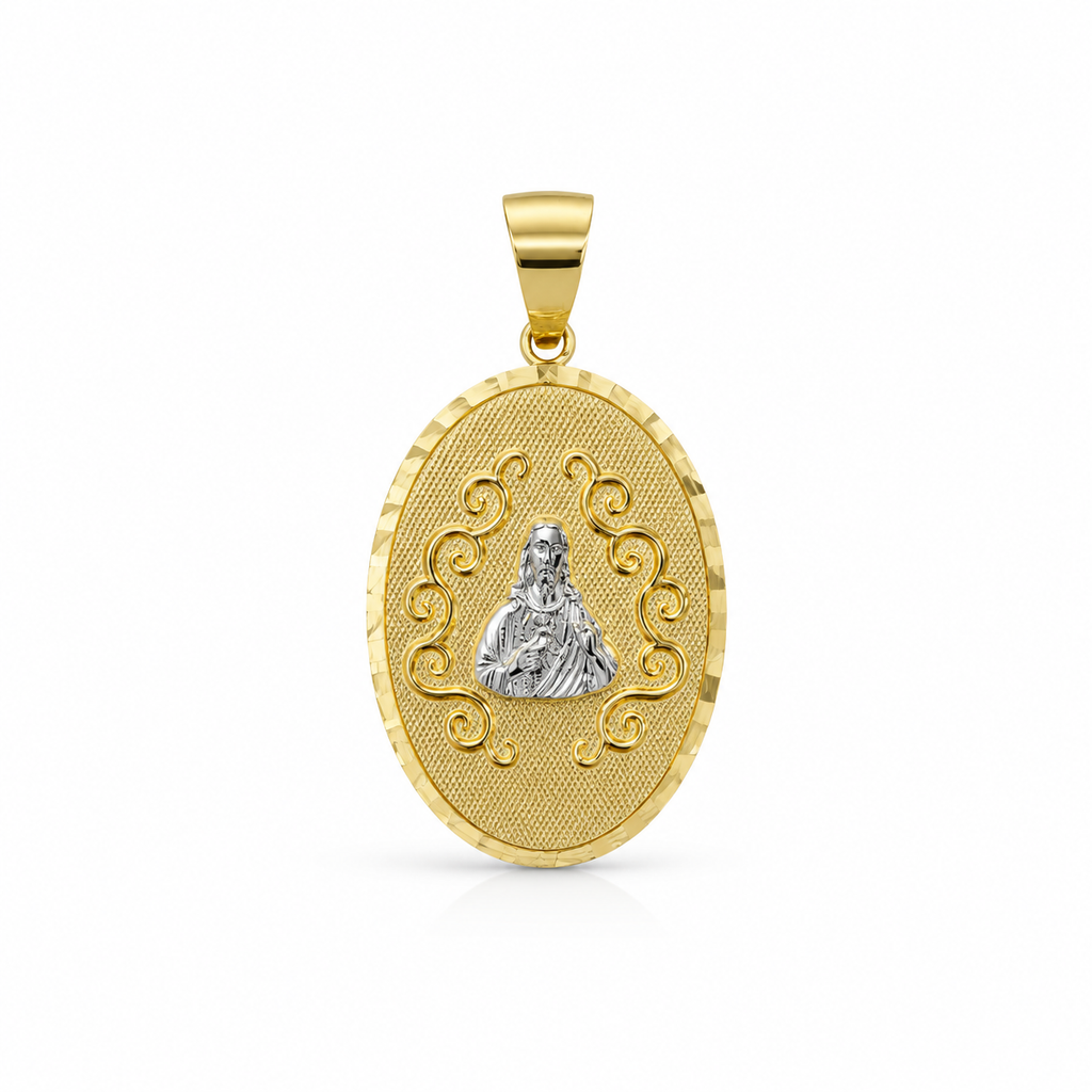 Oval Jesus & Virgin of Guadalupe Medallion in Gold with Rhodium Details