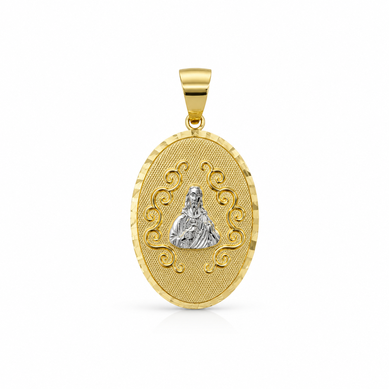 Oval Jesus & Virgin of Guadalupe Medallion in Gold with Rhodium Details